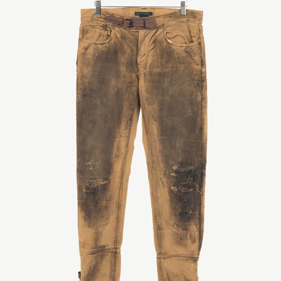 Ralph Lauren Tan Distressed Cotton Leather-Trim Jeans - Picture 1 of 13